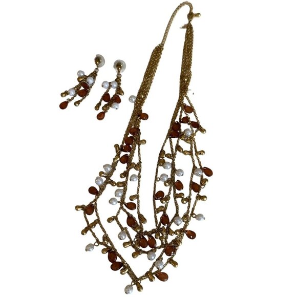 Premier Jewelry Gold Multi-Strand Necklace Earrings Set Faux Pearls Amber Color - Picture 3 of 9